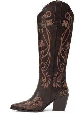 Women's Dark Brown pu Knee High Floral Embroidered Vintage Cowgirl Boots